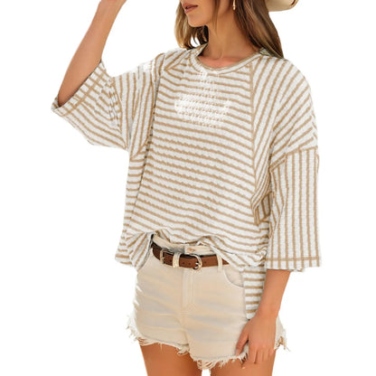 Women's Oversized Striped Color Block Tee – Soft Summer Short Sleeve Casual Top