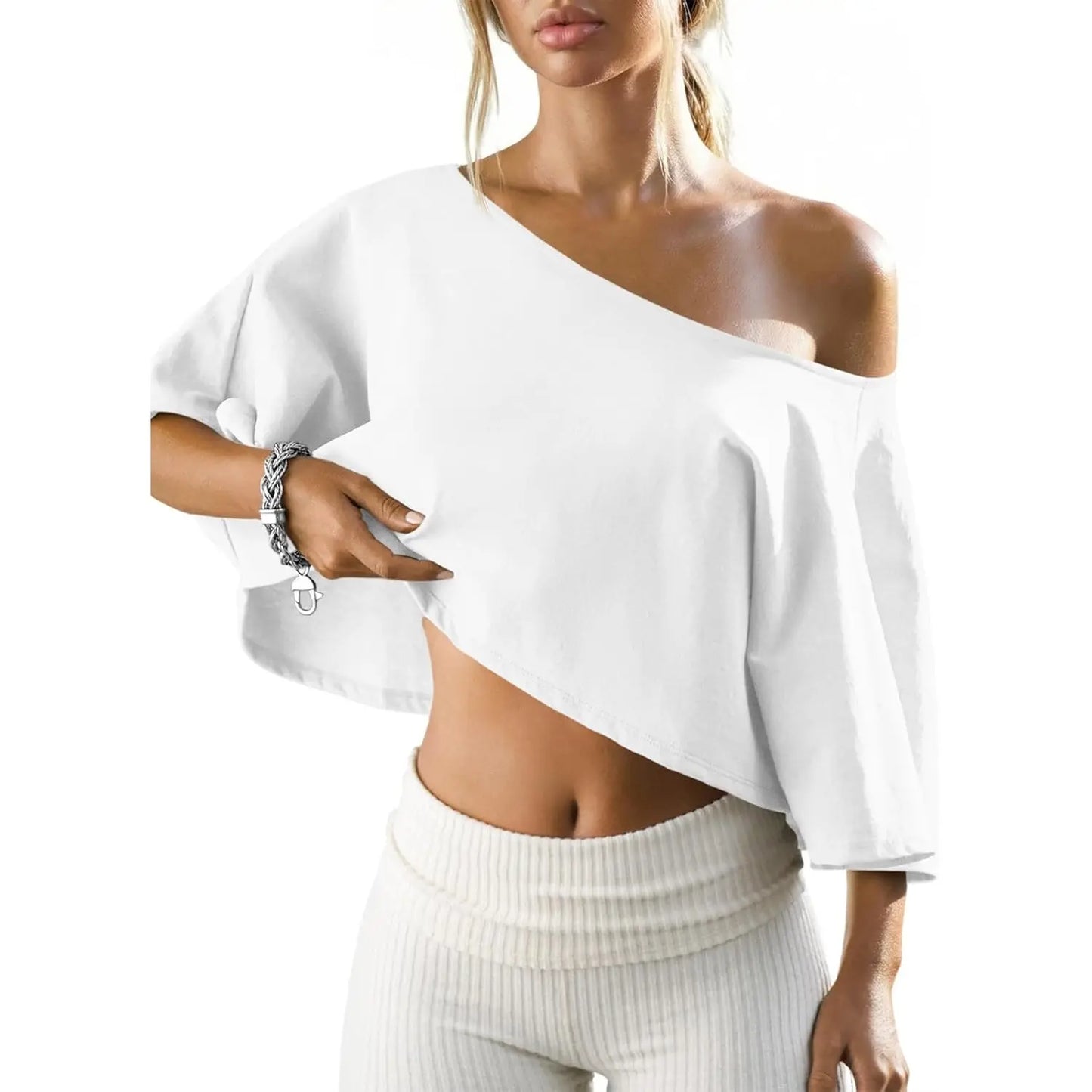 Women's Cotton Off-Shoulder Crop Top – Loose Batwing Sleeve Asymmetrical Neck Casual Tee for Summer, Lounge & Everyday Wear
