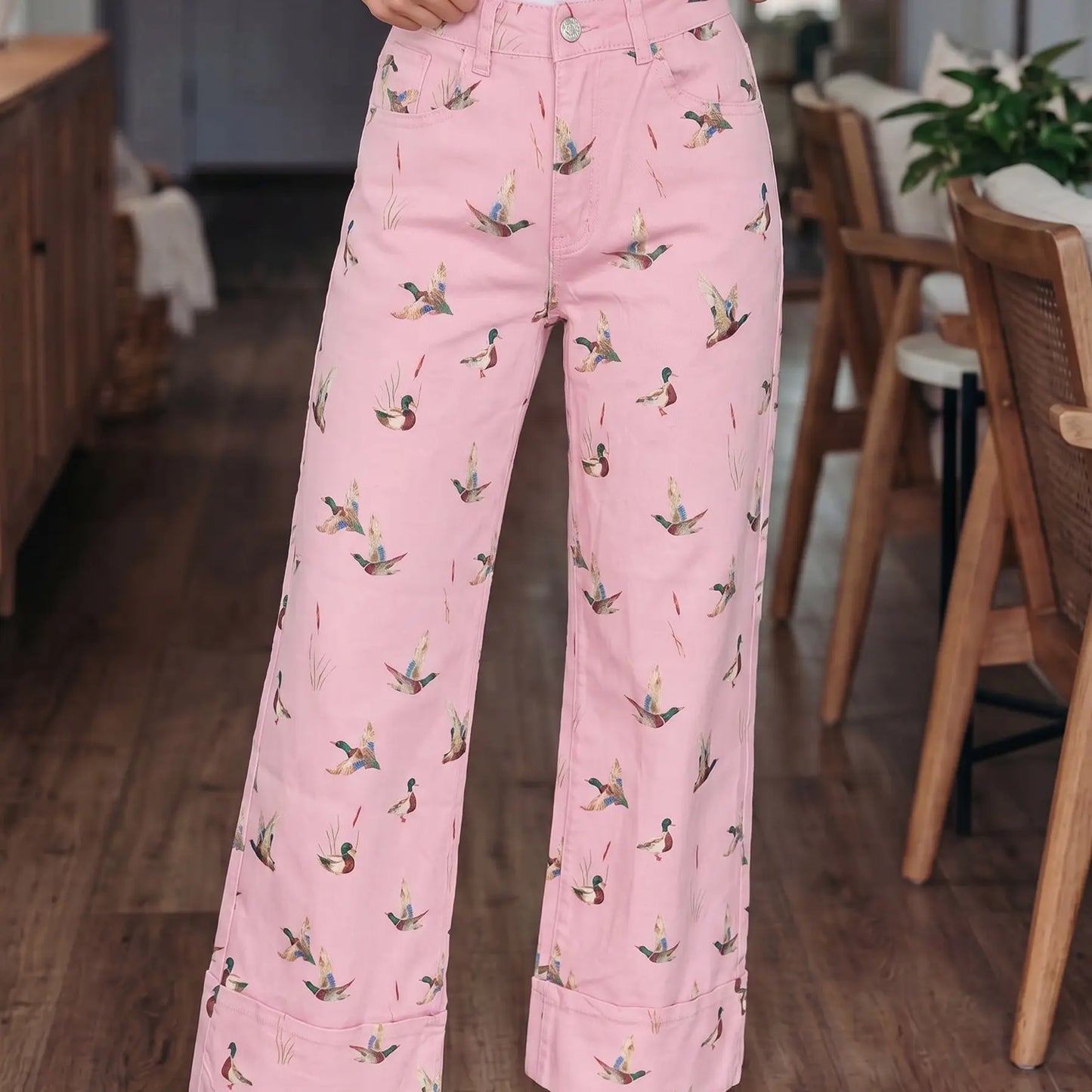 Women's Wide-Leg Jeans with Mallard Duck Print