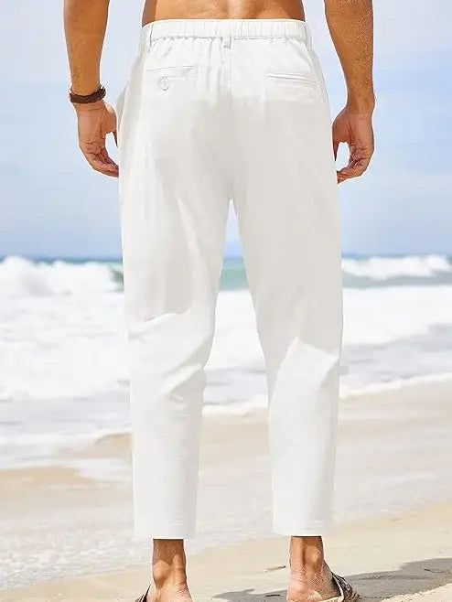 Men's Lightweight Cotton Linen Pants – Elastic Waist Slim Fit Casual Trousers with Pockets for Beach, Yoga & Everyday Wear