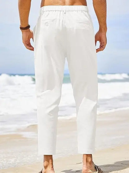 Men's Lightweight Cotton Linen Pants – Elastic Waist Slim Fit Casual Trousers with Pockets for Beach, Yoga & Everyday Wear