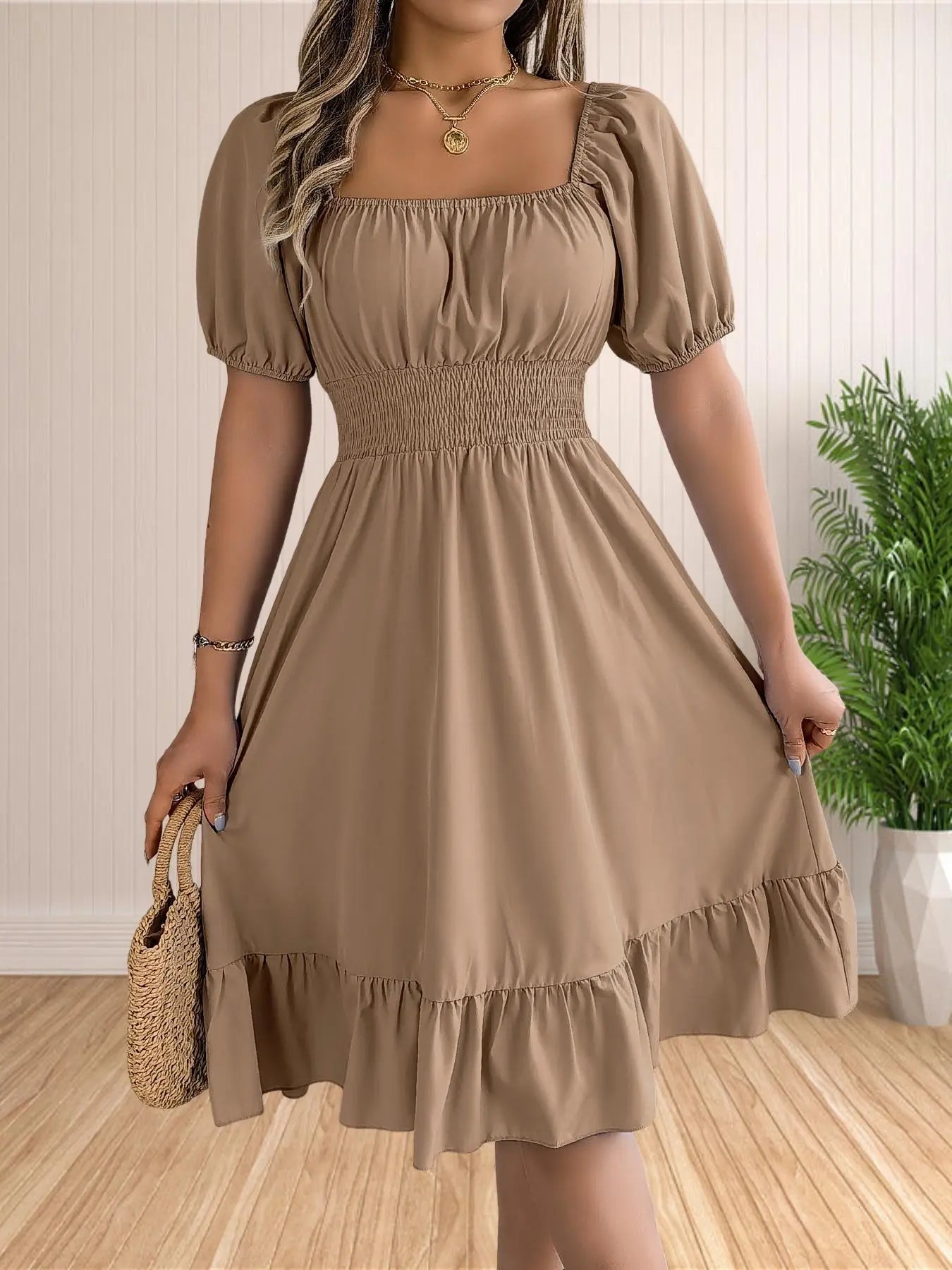 Solid Color Shirred Puff Sleeve A-Line Dress – Square Neck Ruffle Hem Summer Midi Dress for Women