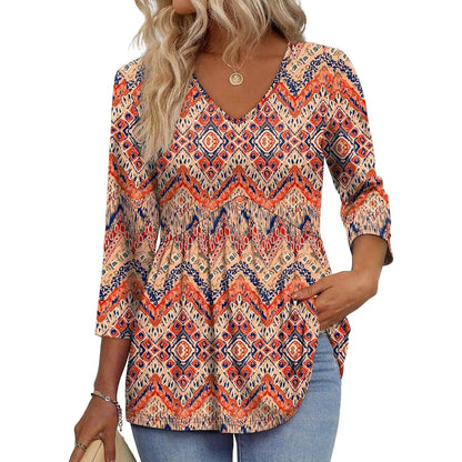 Women's V-Neck 3/4 Sleeve Tunic Top – Flowy Dressy Casual Blouse
