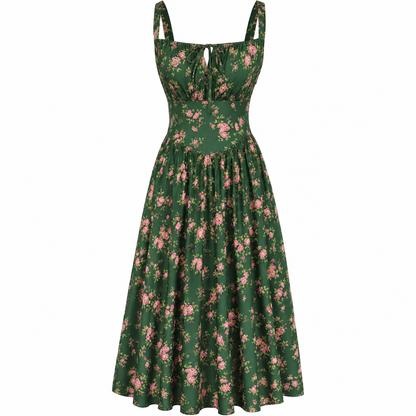 Women's Strappy Sleeveless Milkmaid Corset Flowy Midi Sundress - Floral Casual Wear