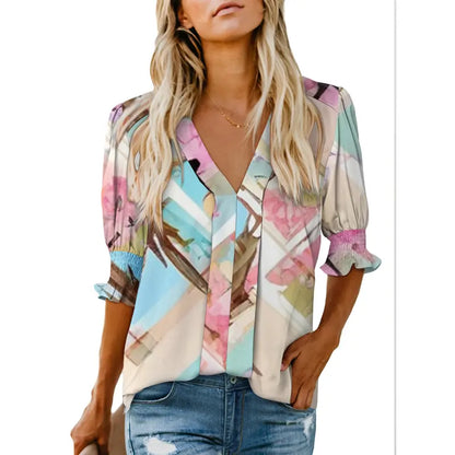 Women's Lightweight Floral Blouse – Cute V-Neck Ruffle Sleeve Summer Top