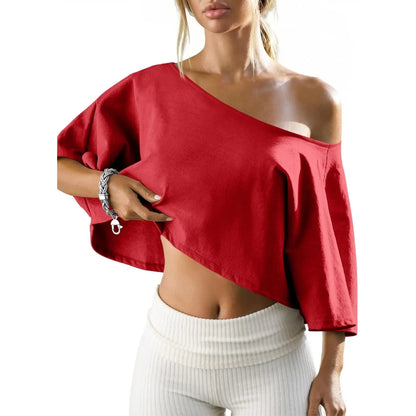 Women's Cotton Off-Shoulder Crop Top – Loose Batwing Sleeve Asymmetrical Neck Casual Tee for Summer, Lounge & Everyday Wear