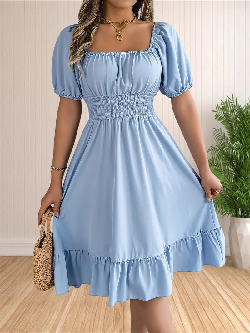 Solid Color Shirred Puff Sleeve A-Line Dress – Square Neck Ruffle Hem Summer Midi Dress for Women