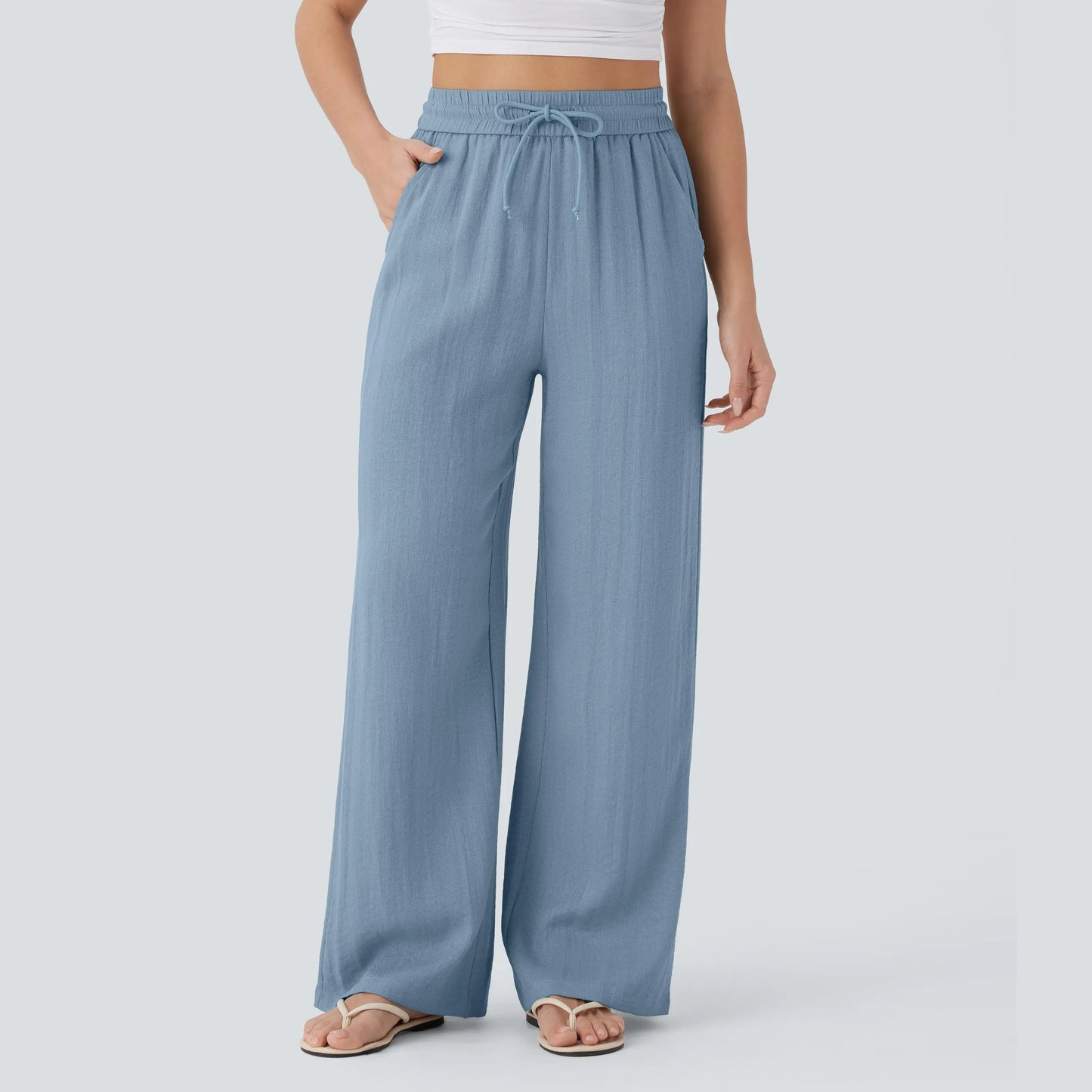 High Waisted Drawstring Pocket Wide Leg Baggy Casual Linen-Feel Pants