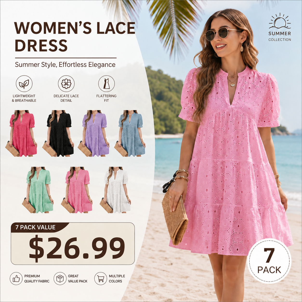 Women's Summer Lace Dresses Eyelet Casual Flowy Babydoll Swing Short Sleeve V Neck Tunic Dress