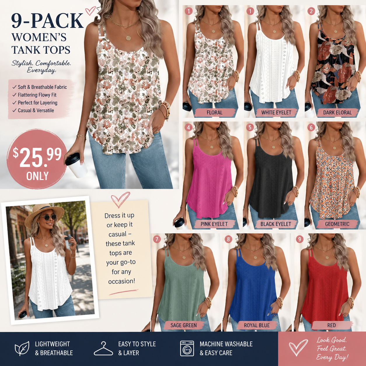 Women's Lightweight Spaghetti Strap Tank Top | Loose Fit Scoop Neck Summer Beach Cami
