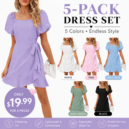 Women's Square Neck Puff Sleeve Summer Dress – Tie Waist Ruffle Hem Mini Dress for Casual, Vacation & Beach