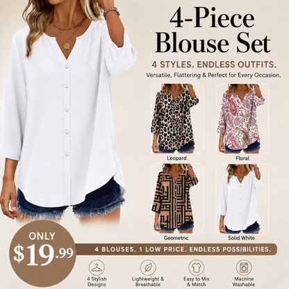 Women's V-Neck Button-Down Blouse, 3/4 Sleeve Loose Fit Business Casual Top