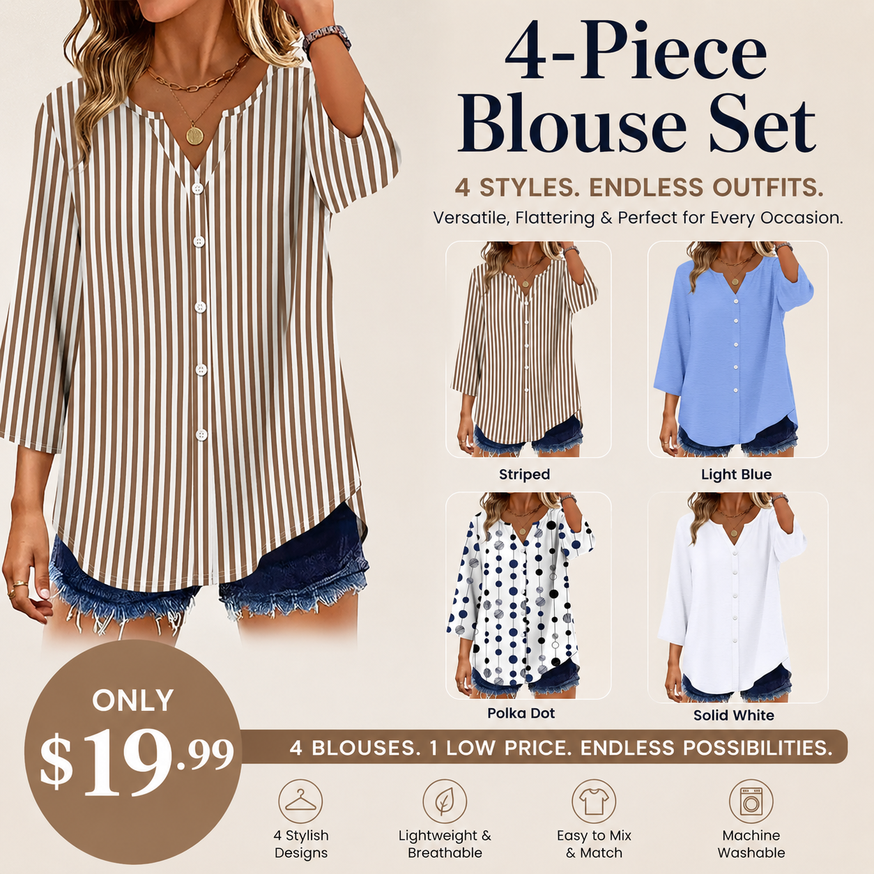 Women's V-Neck Button-Down Blouse, 3/4 Sleeve Loose Fit Business Casual Top