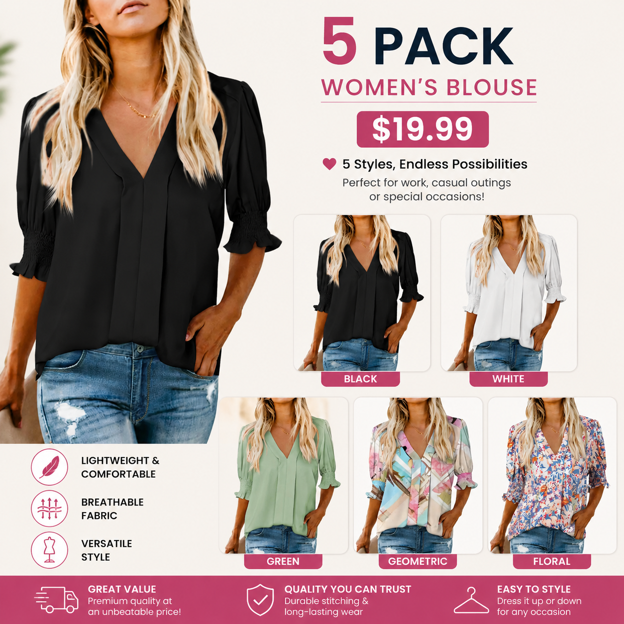 Women's Lightweight Floral Blouse – Cute V-Neck Ruffle Sleeve Summer Top