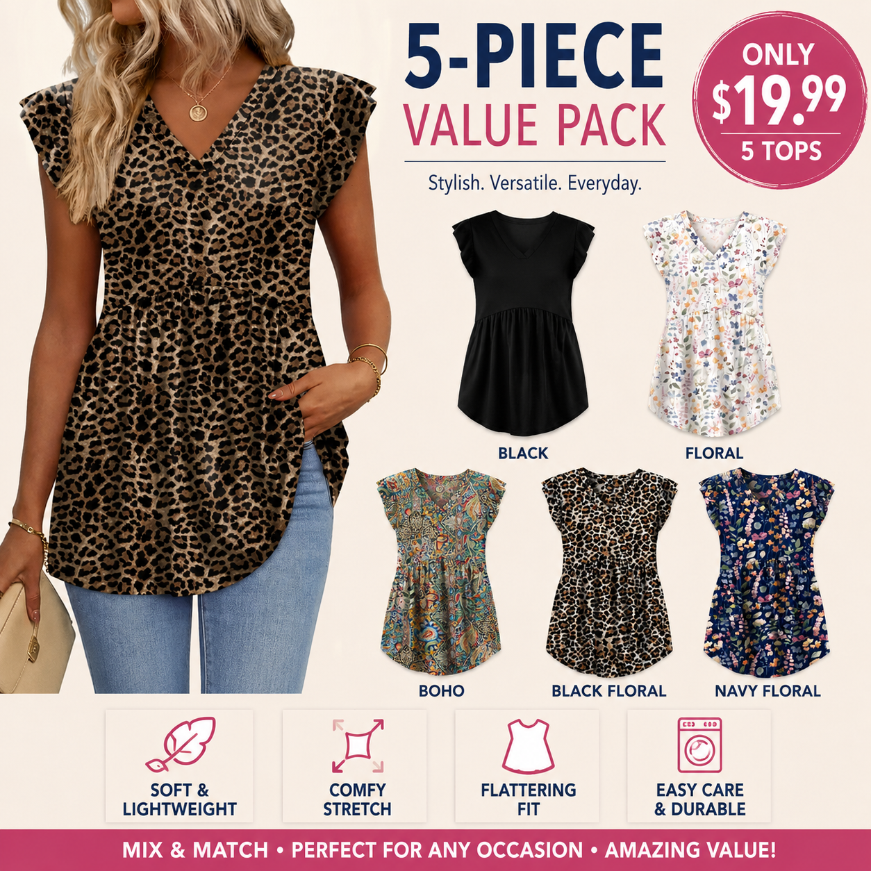 Women's Summer Babydoll Tops 2026 - V Neck Ruffle Sleeve Dressy Casual Blouses for Spring & Summer