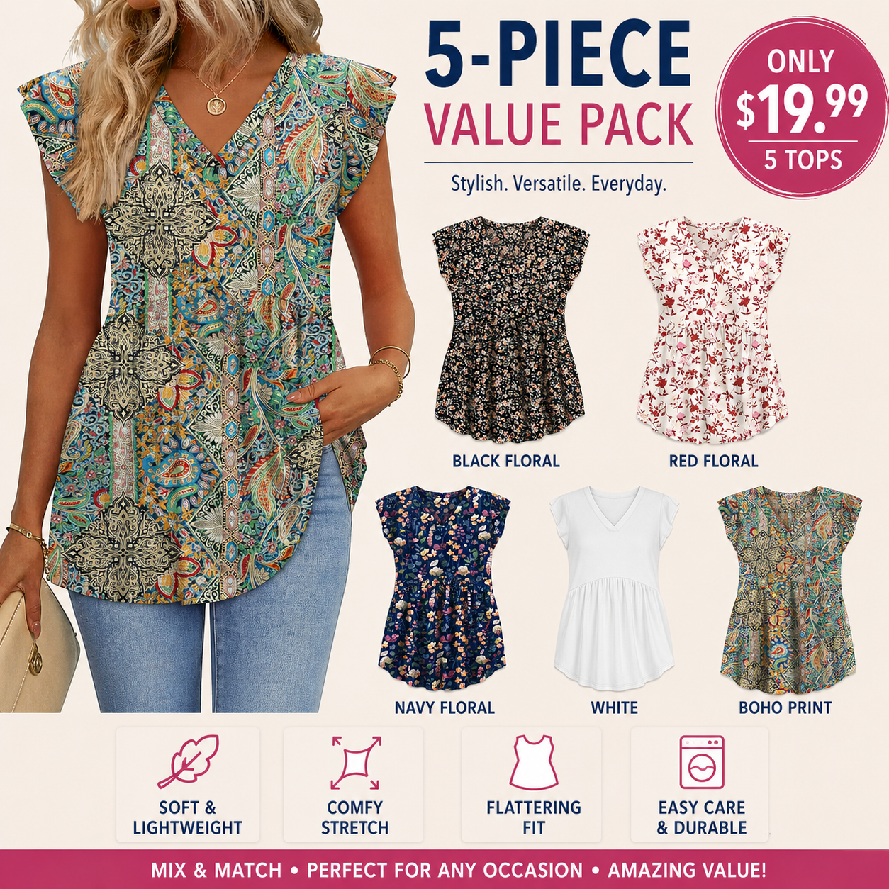 Women's Summer Babydoll Tops 2026 - V Neck Ruffle Sleeve Dressy Casual Blouses for Spring & Summer