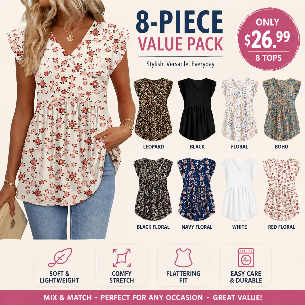Women's Summer Babydoll Tops 2026 - V Neck Ruffle Sleeve Dressy Casual Blouses for Spring & Summer