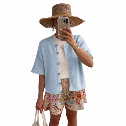 Women's Short Sleeve Knit Cardigan - Crew Neck Button Down Lightweight Ribbed Summer Layering Top