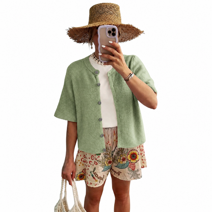 Women's Short Sleeve Knit Cardigan - Crew Neck Button Down Lightweight Ribbed Summer Layering Top