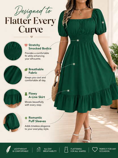 Solid Color Shirred Puff Sleeve A-Line Dress – Square Neck Ruffle Hem Summer Midi Dress for Women