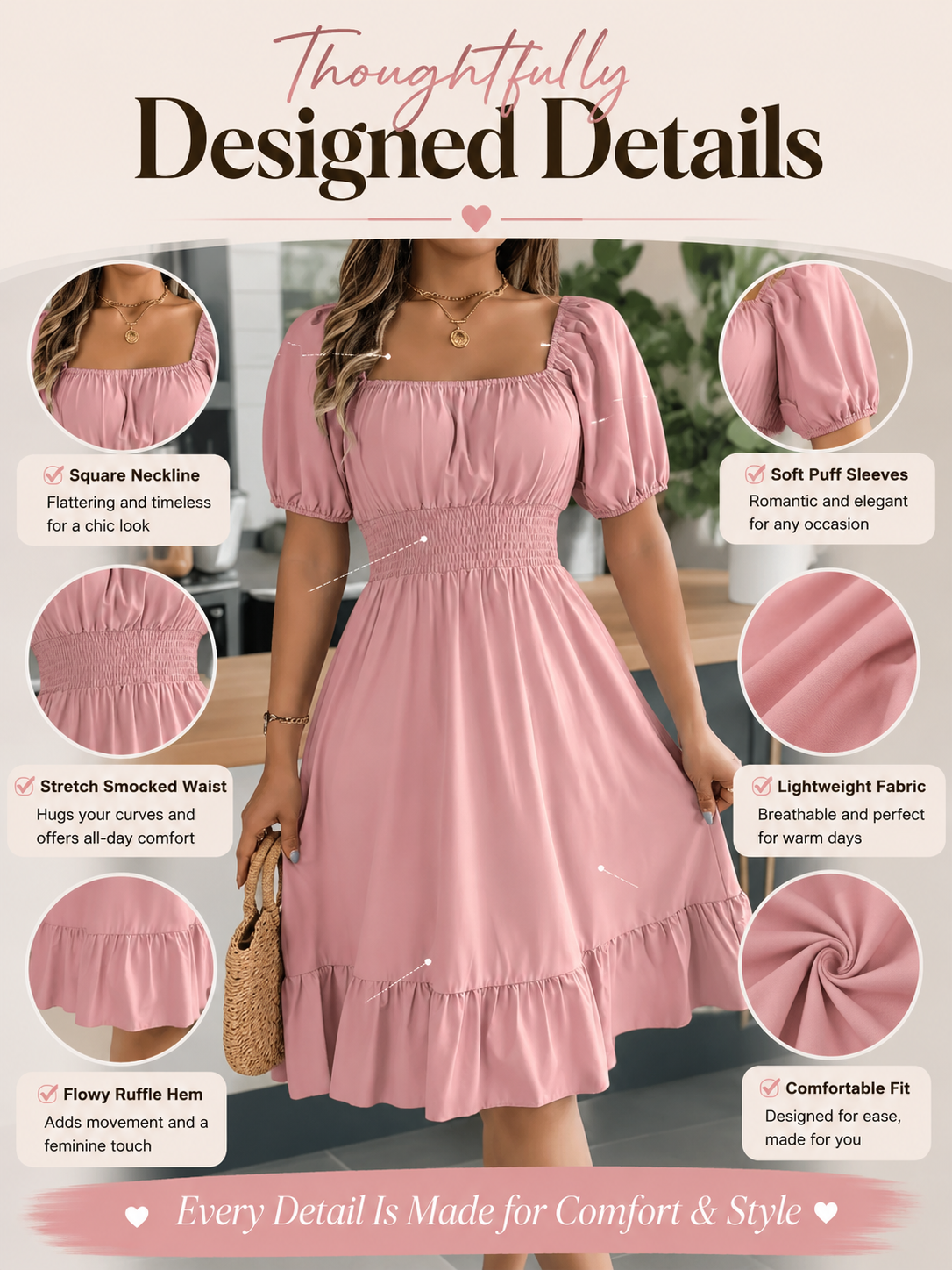 Solid Color Shirred Puff Sleeve A-Line Dress – Square Neck Ruffle Hem Summer Midi Dress for Women