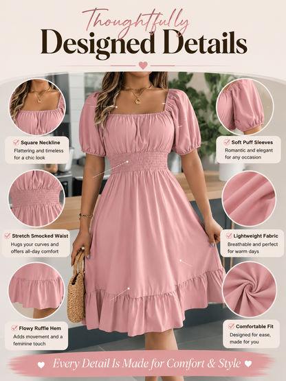 Solid Color Shirred Puff Sleeve A-Line Dress – Square Neck Ruffle Hem Summer Midi Dress for Women