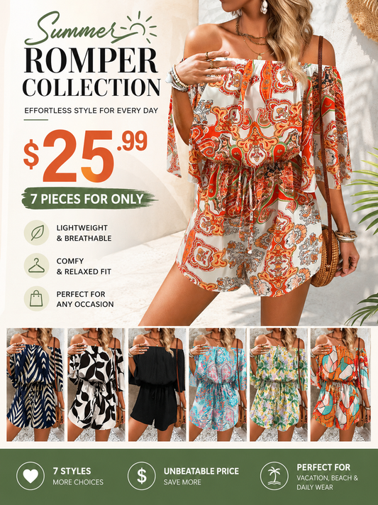 Boho Off Shoulder Romper for Women | Adjustable Tie Waist | Lightweight Summer Beach Vacation Jumpsuit
