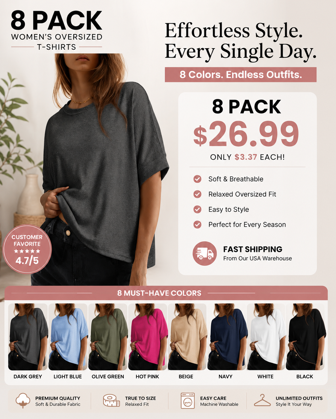 Women's Oversized T-Shirt | Soft Loose Fit Casual Crew Neck Basic Tee for Everyday Wear