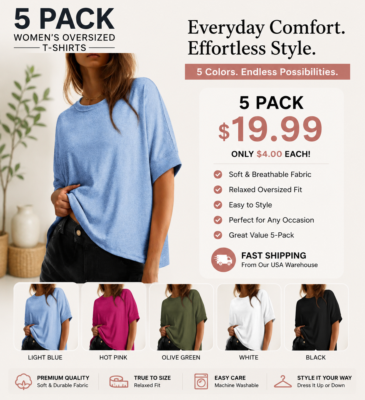 Women's Oversized T-Shirt | Soft Loose Fit Casual Crew Neck Basic Tee for Everyday Wear