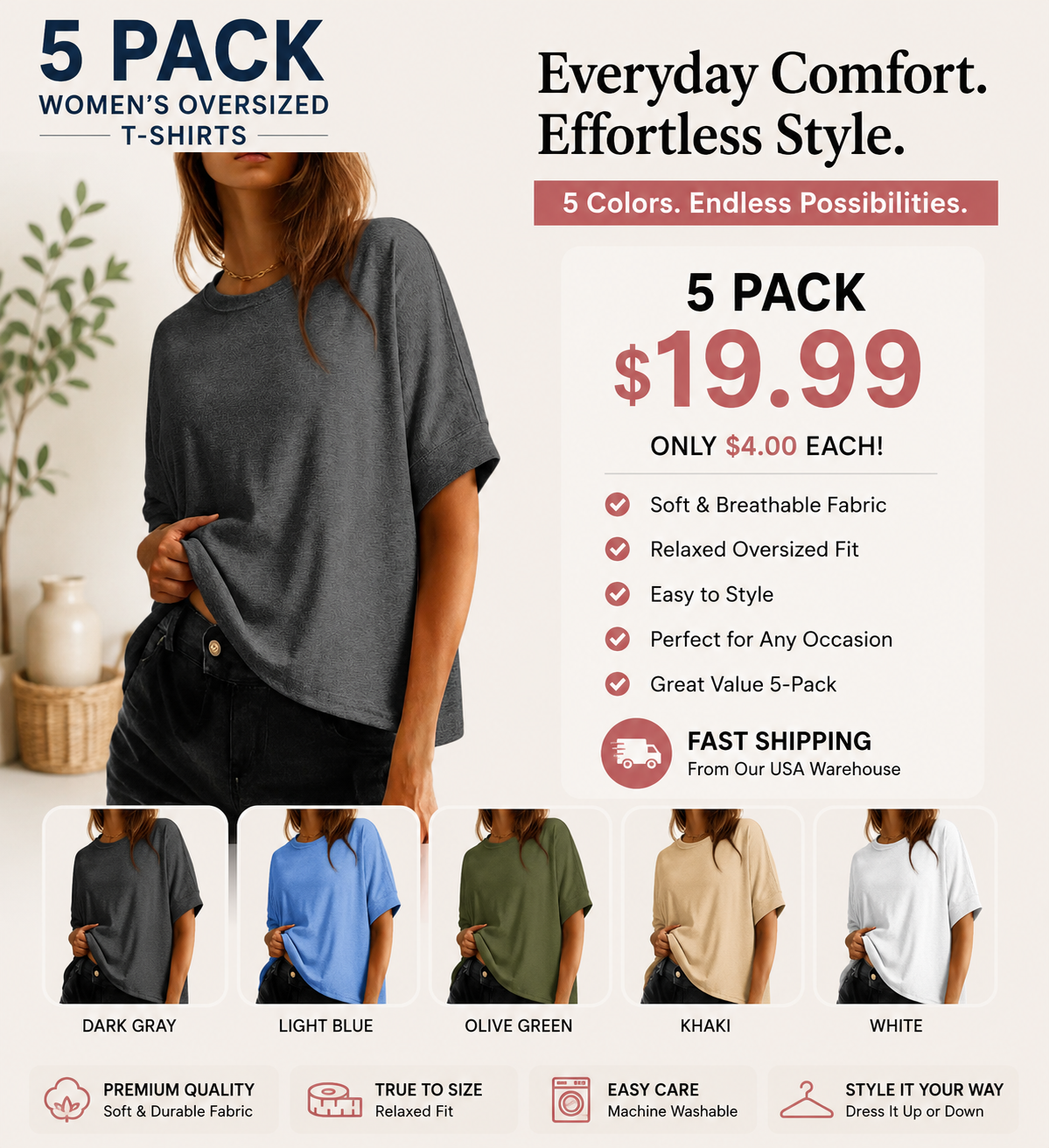 Women's Oversized T-Shirt | Soft Loose Fit Casual Crew Neck Basic Tee for Everyday Wear