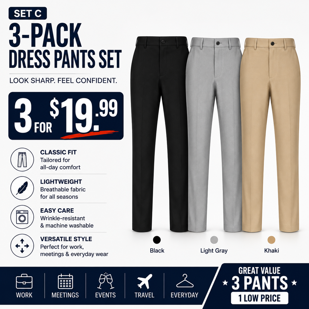 Men's Stretch Dress Pants – No Iron, Wrinkle-Resistant Business Casual Golf Pants with Expandable Waist