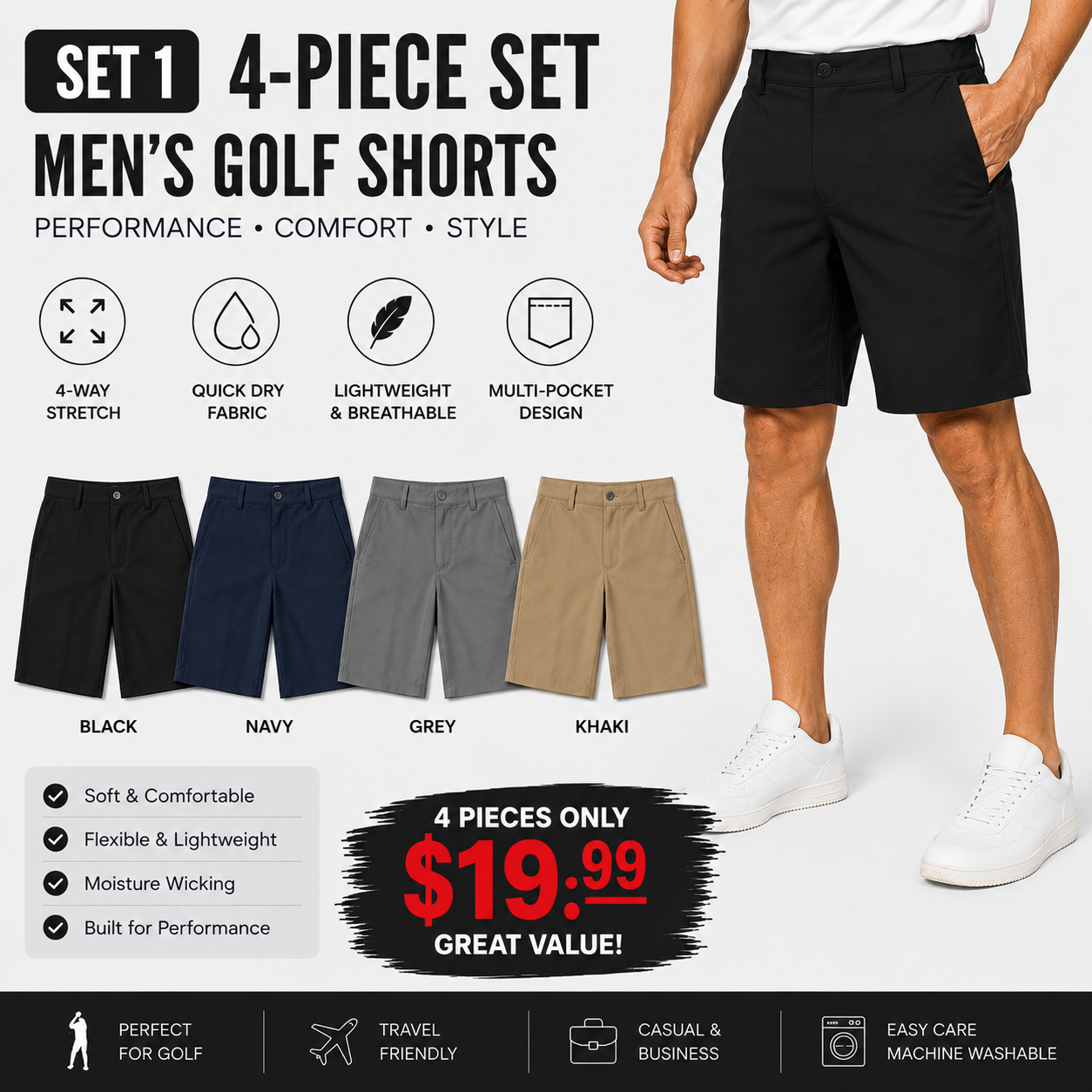 Men's 9" Golf Shorts Quick-Dry Stretch Lightweight Casual Work Shorts with 3 Pockets