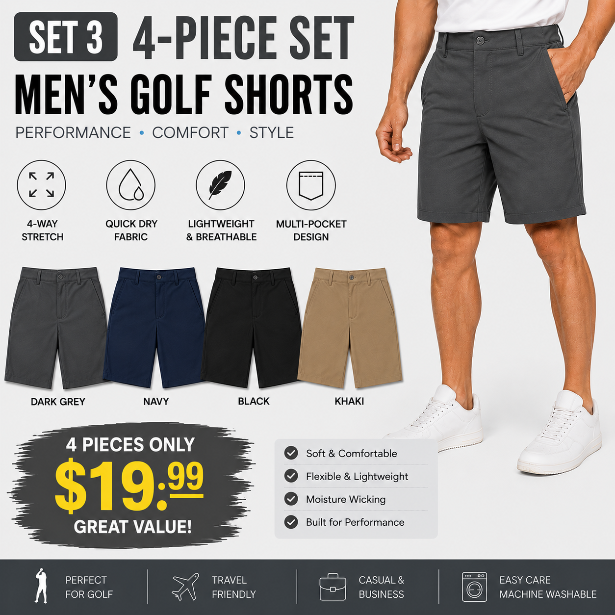 Men's 9" Golf Shorts Quick-Dry Stretch Lightweight Casual Work Shorts with 3 Pockets