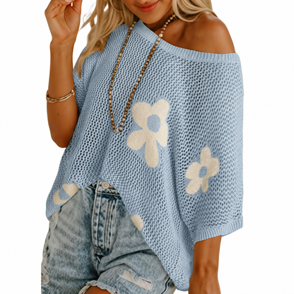 Women's Lightweight Crochet Sweater Floral Knit Summer Top Short Sleeve Beach Cover Up Casual Loose Pullover