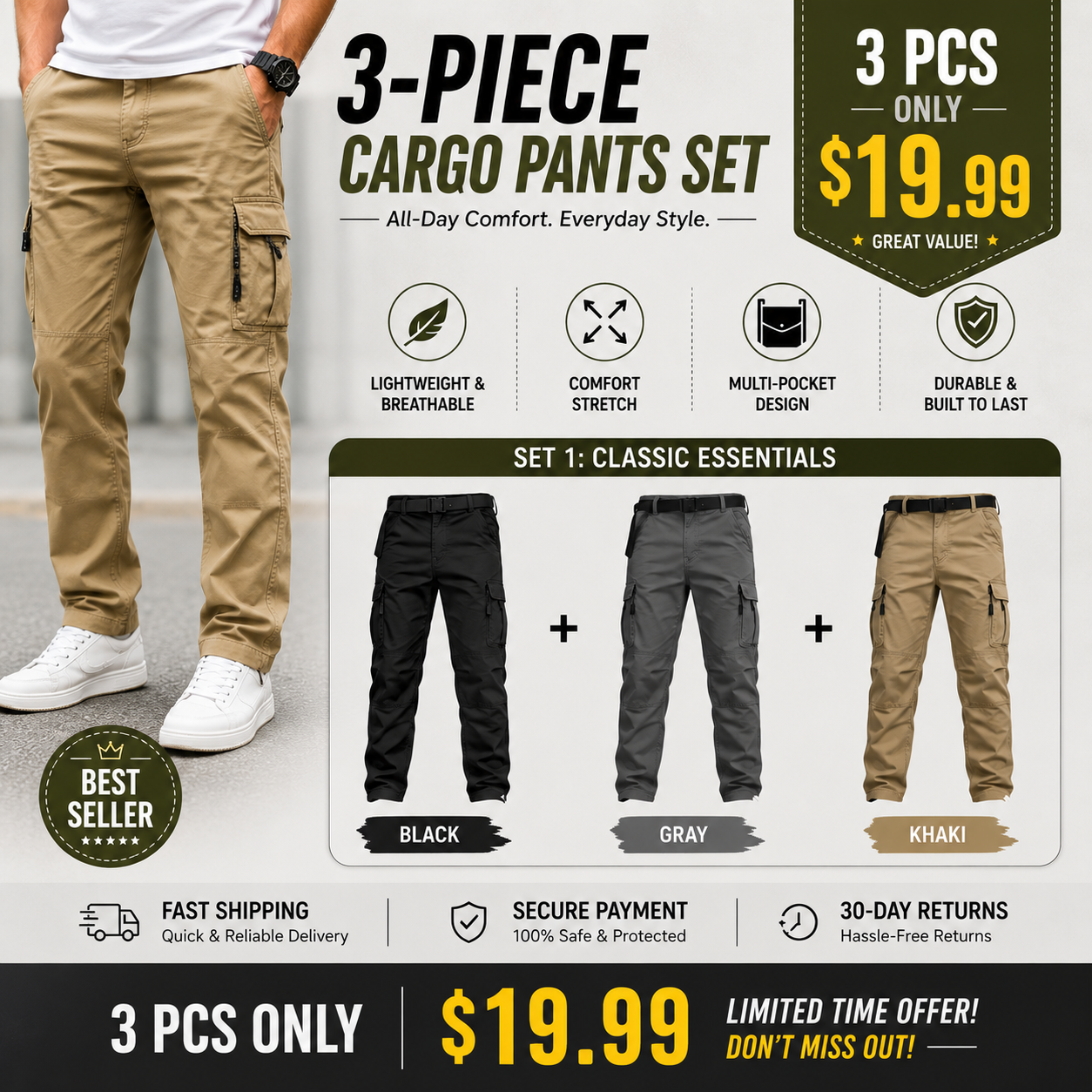 Men's Tactical Cargo Pants – Lightweight Durable Outdoor Pants with Multi-Pocket Utility Design for Work, Hiking, Fishing & Camping