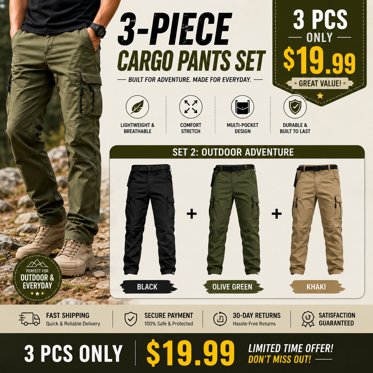 Men's Tactical Cargo Pants – Lightweight Durable Outdoor Pants with Multi-Pocket Utility Design for Work, Hiking, Fishing & Camping