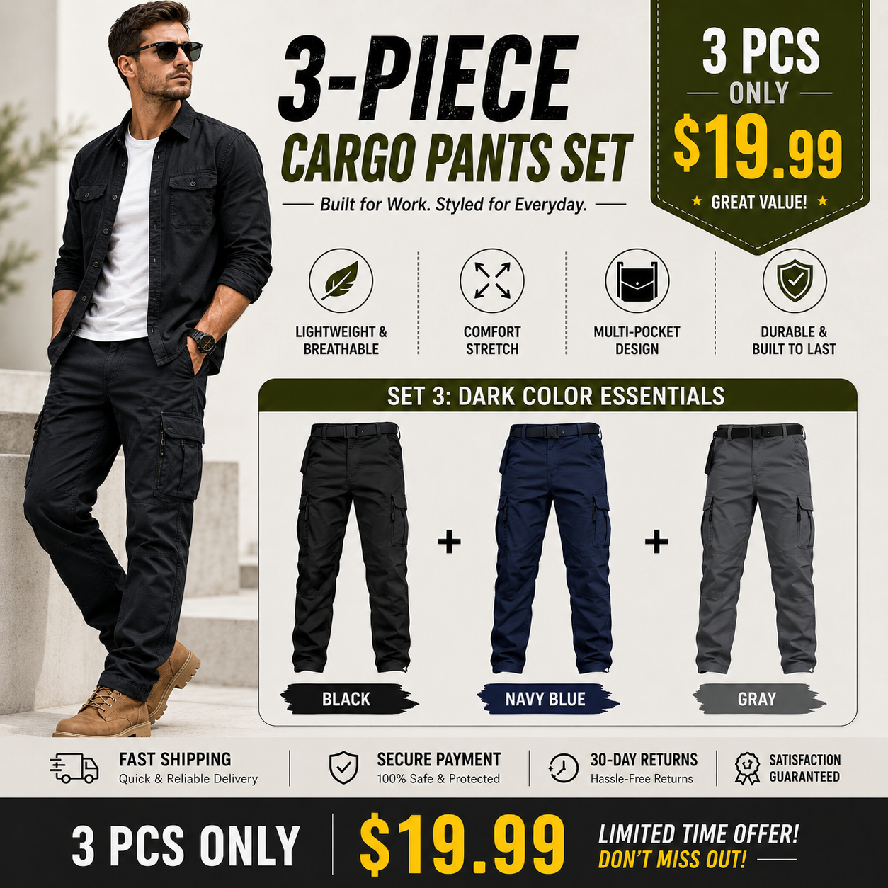 Men's Tactical Cargo Pants – Lightweight Durable Outdoor Pants with Multi-Pocket Utility Design for Work, Hiking, Fishing & Camping