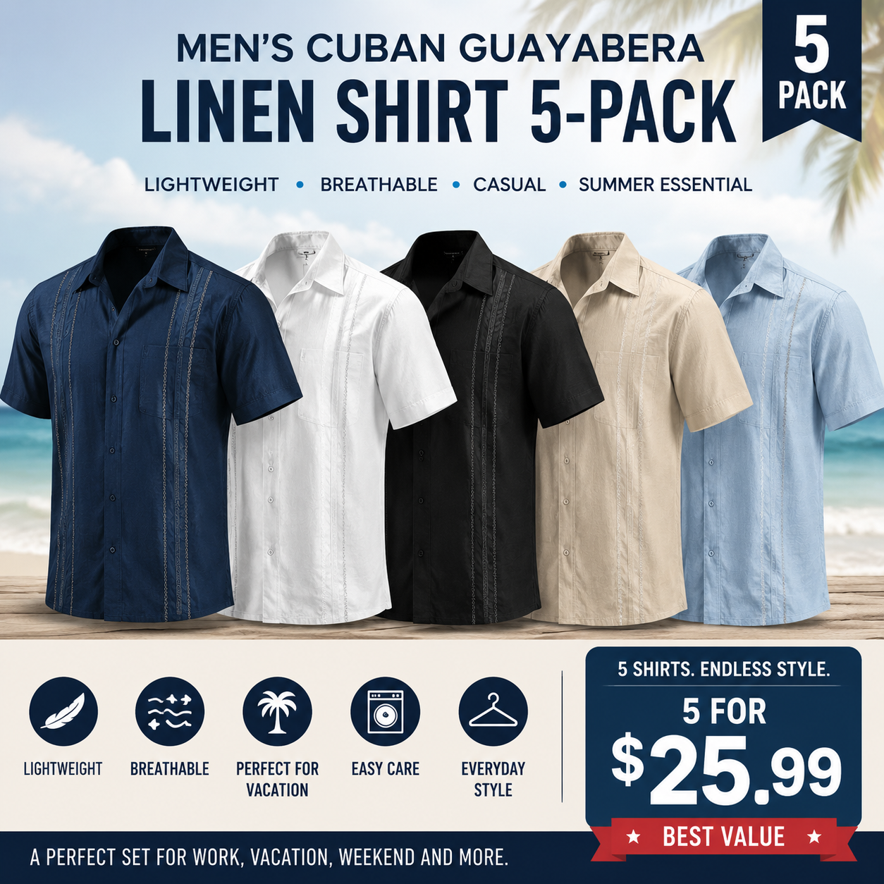 Men's Cuban Guayabera Shirt, Short Sleeve Linen Blend Button Down Summer Shirt, Lightweight Breathable Casual Beach & Vacation Wear
