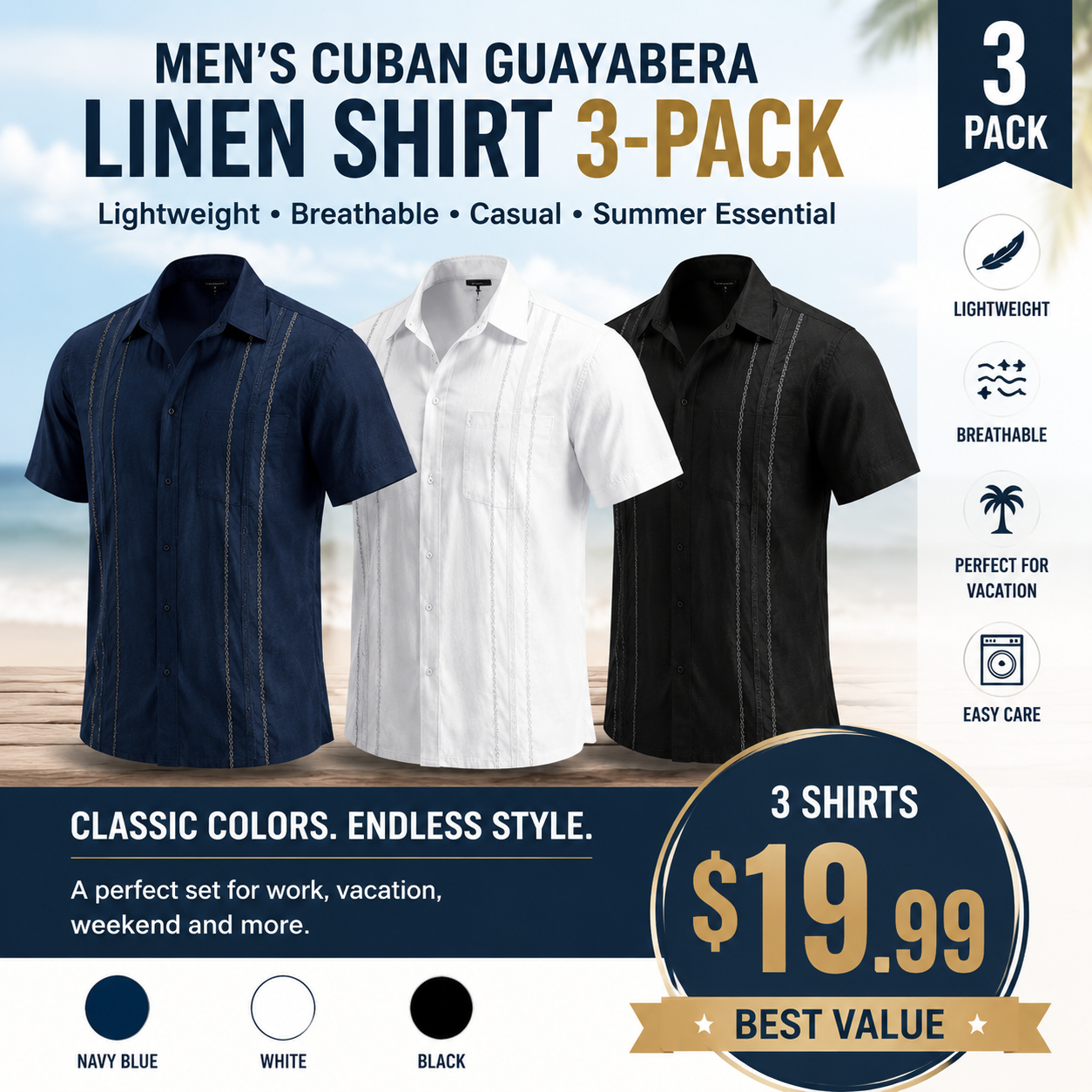 Men's Cuban Guayabera Shirt, Short Sleeve Linen Blend Button Down Summer Shirt, Lightweight Breathable Casual Beach & Vacation Wear
