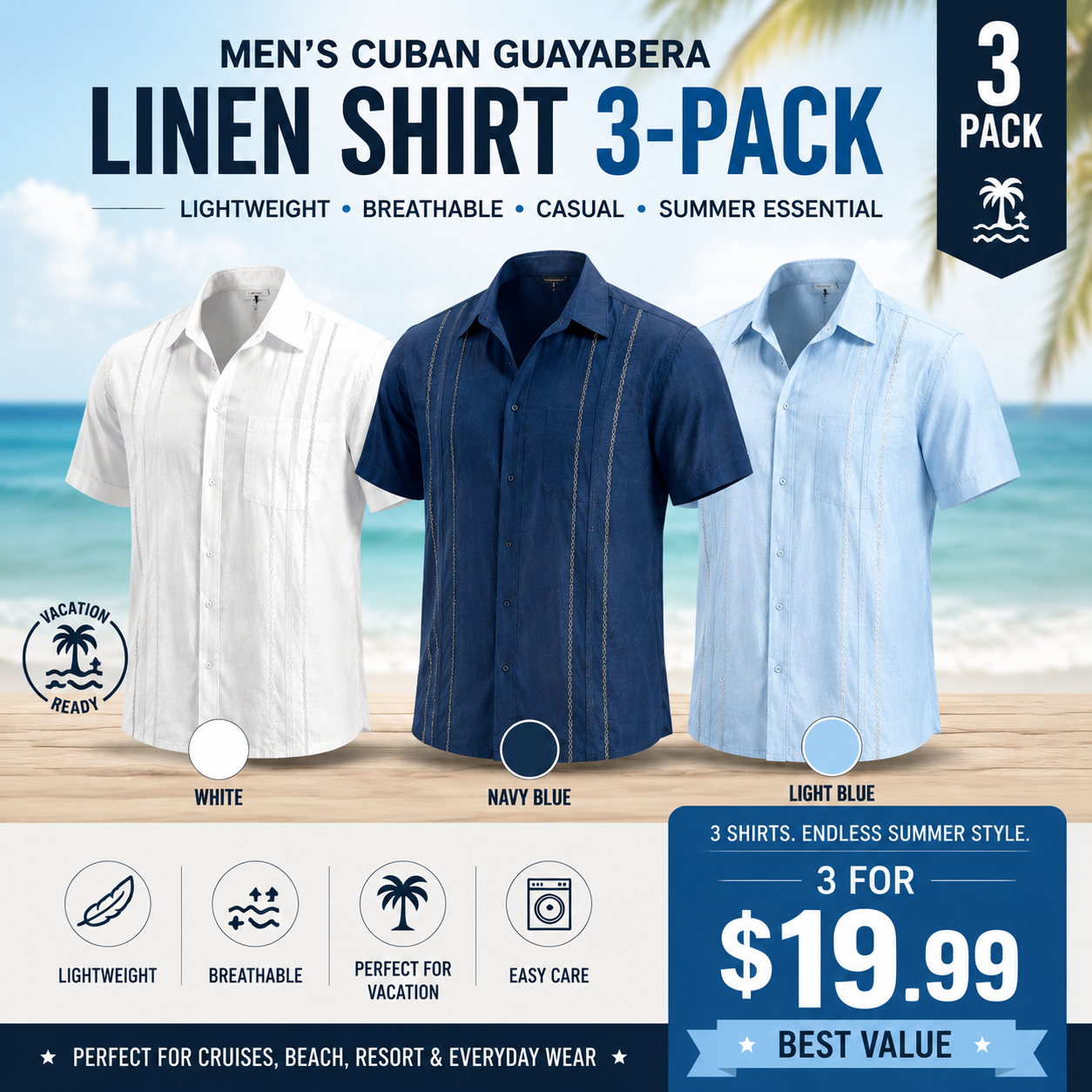 Men's Cuban Guayabera Shirt, Short Sleeve Linen Blend Button Down Summer Shirt, Lightweight Breathable Casual Beach & Vacation Wear