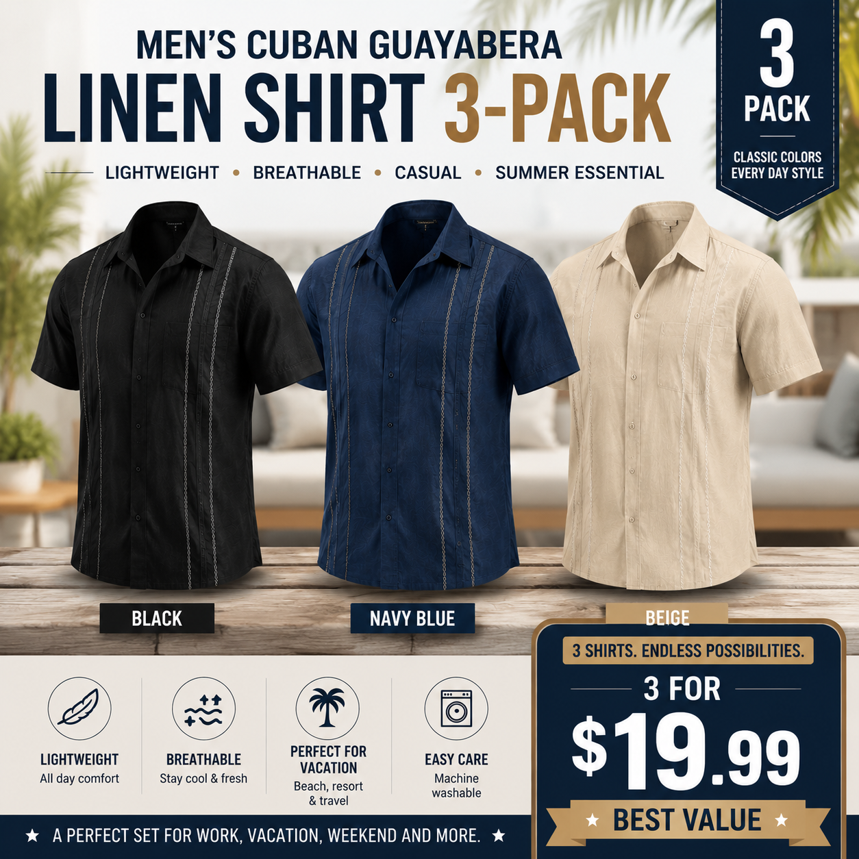Men's Cuban Guayabera Shirt, Short Sleeve Linen Blend Button Down Summer Shirt, Lightweight Breathable Casual Beach & Vacation Wear