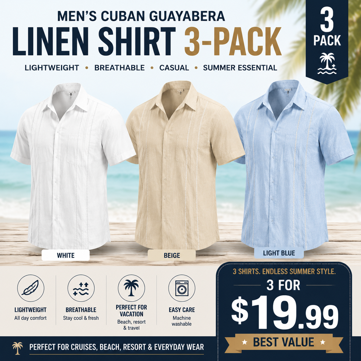 Men's Cuban Guayabera Shirt, Short Sleeve Linen Blend Button Down Summer Shirt, Lightweight Breathable Casual Beach & Vacation Wear
