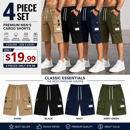 Men's Casual Cargo Shorts – Lightweight Multi-Pocket Bermuda Shorts with Elastic Drawstring Waist, Loose Fit for Work, Hiking, Travel & Everyday Wear