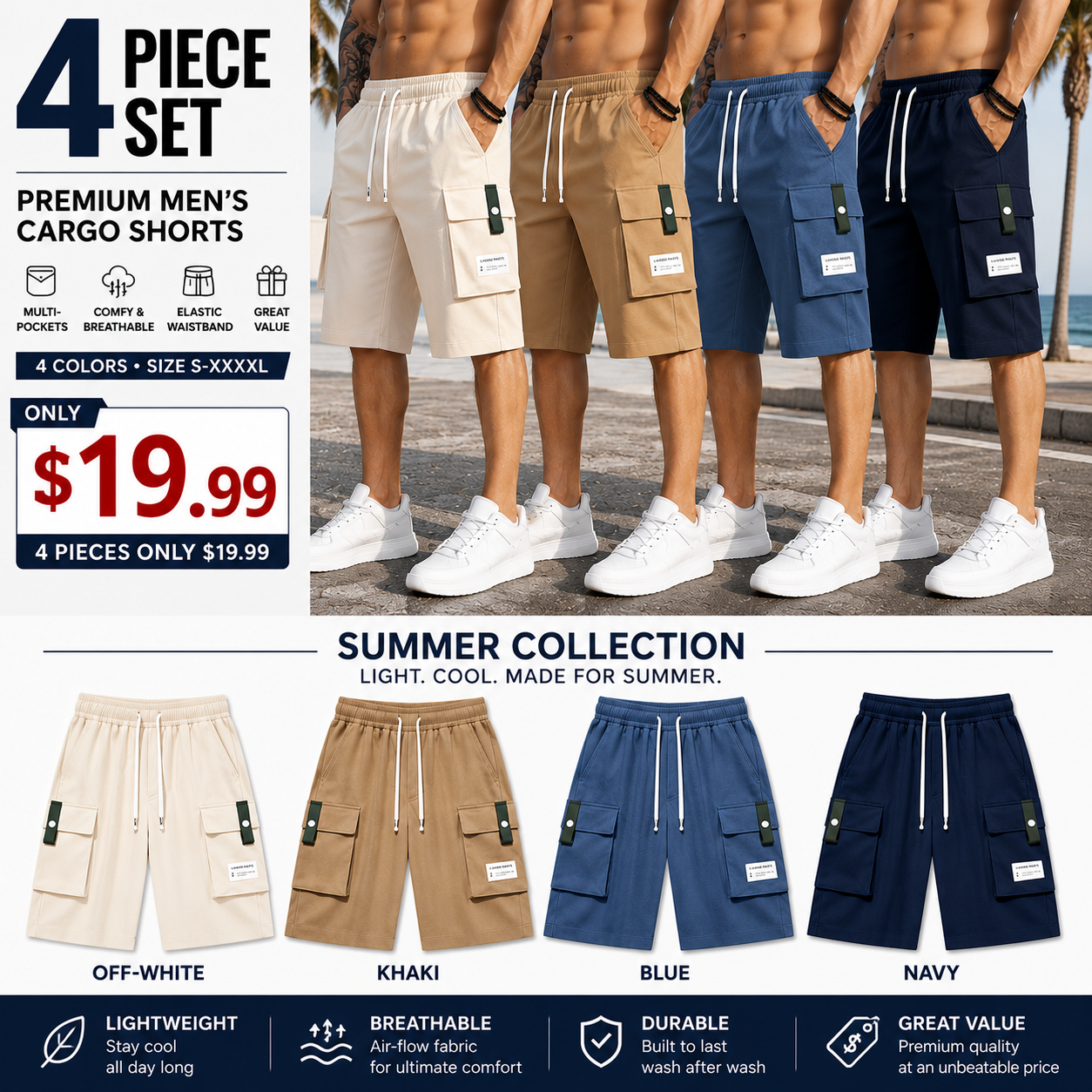 Men's Casual Cargo Shorts – Lightweight Multi-Pocket Bermuda Shorts with Elastic Drawstring Waist, Loose Fit for Work, Hiking, Travel & Everyday Wear
