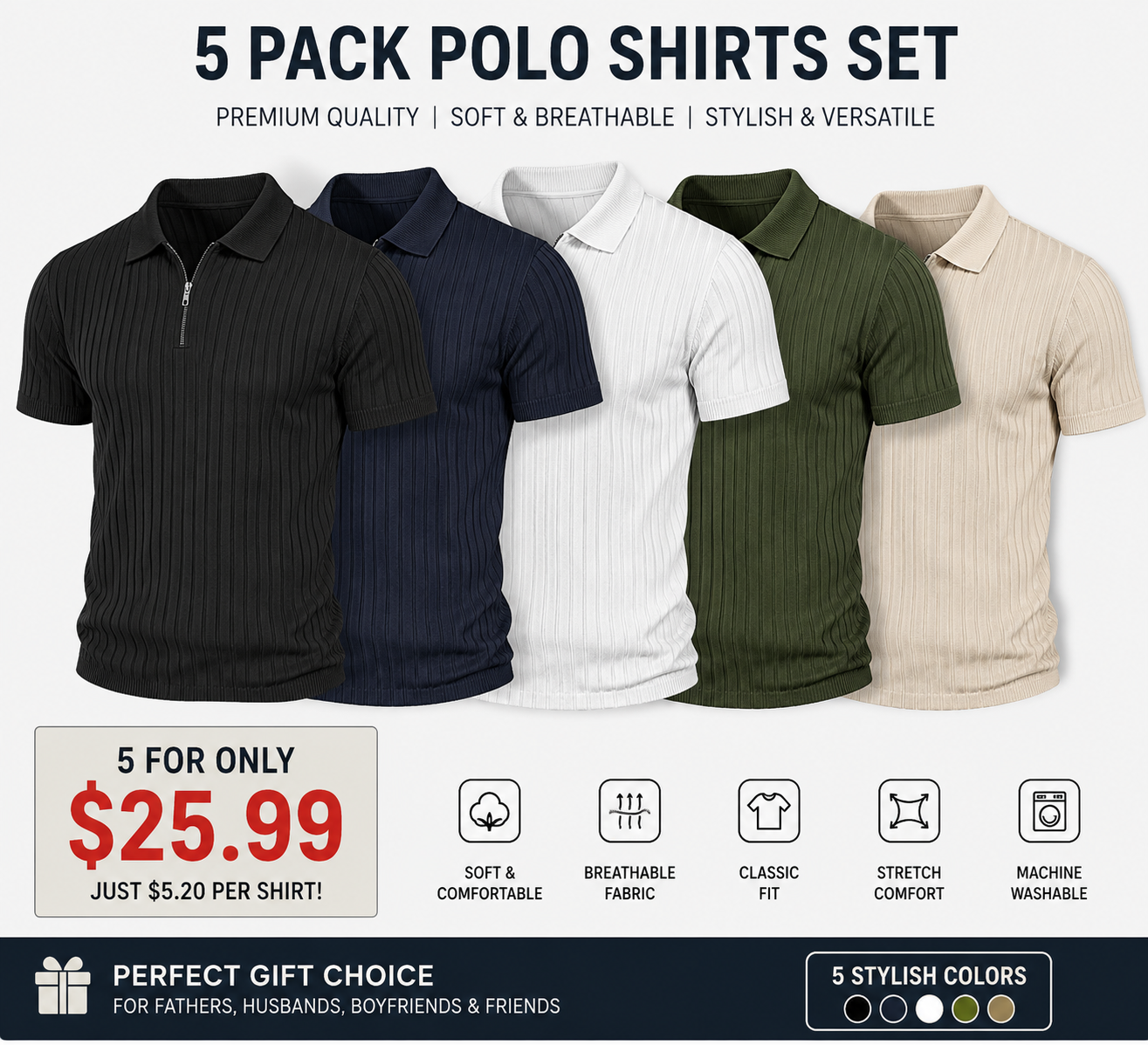 8.1K+ SOLD! |Men's Ribbed Knit 1/4 Zip Polo Shirt – Short Sleeve Casual Golf Sweater Polo for Business Casual, Travel & Everyday Wear