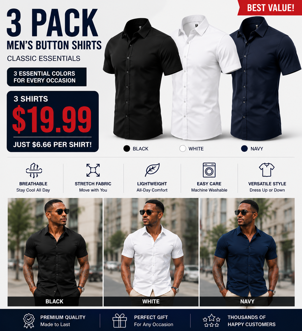 Men's Stretch Short Sleeve Dress Shirt | Slim Fit Business Casual Button Down