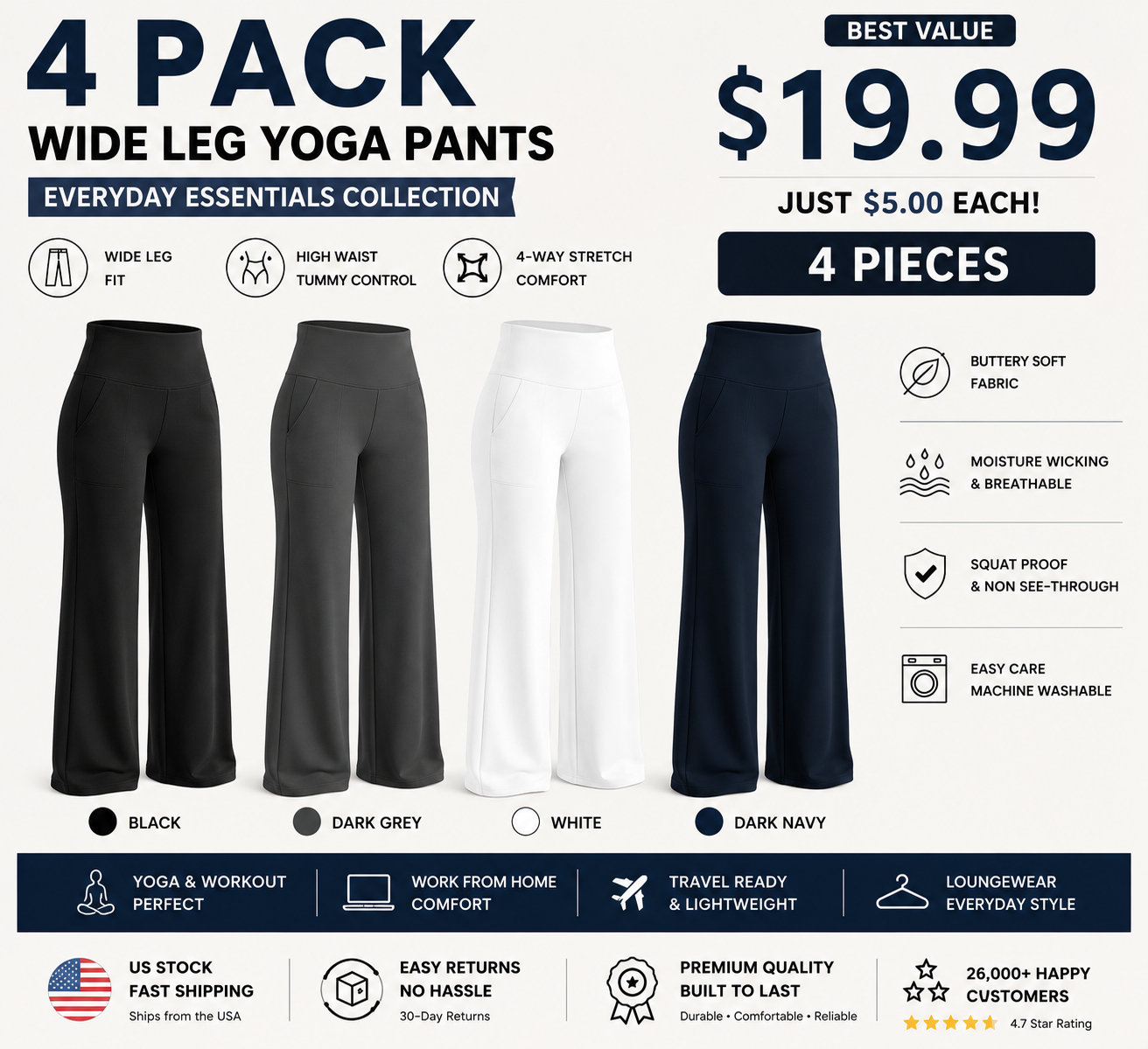 Women's High-Waisted Wide-Leg Pants with Pockets – Soft Stretch Business Casual Yoga Pants