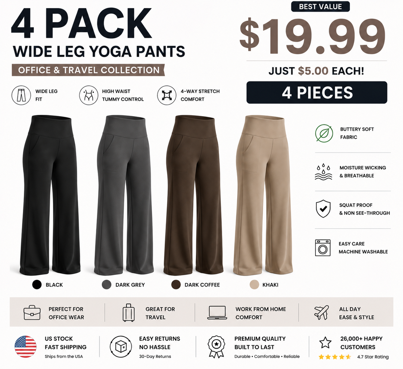Women's High-Waisted Wide-Leg Pants with Pockets – Soft Stretch Business Casual Yoga Pants