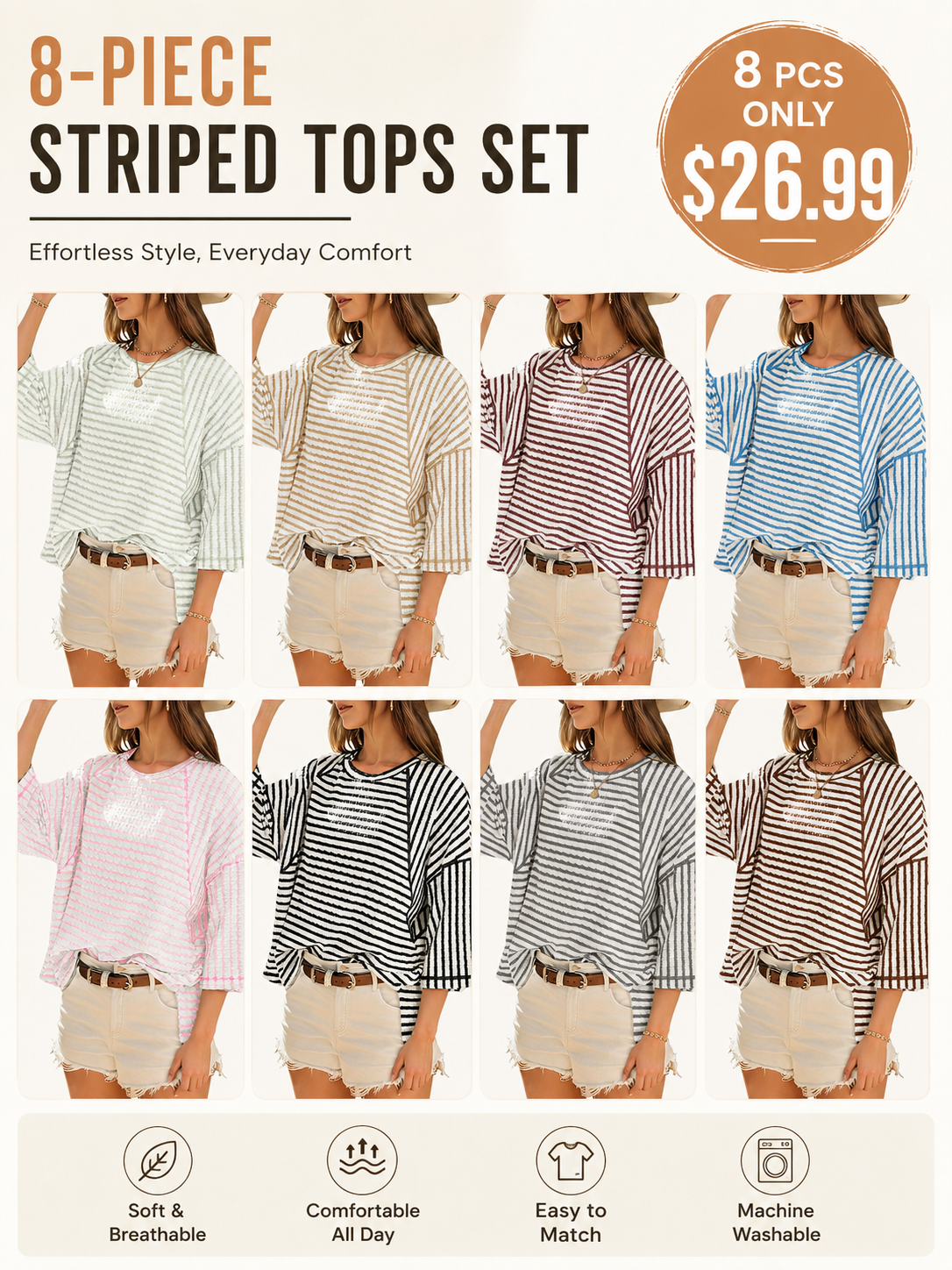 Women's Oversized Striped Color Block Tee – Soft Summer Short Sleeve Casual Top
