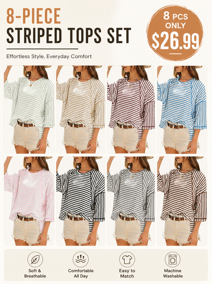 Women's Oversized Striped Color Block Tee – Soft Summer Short Sleeve Casual Top